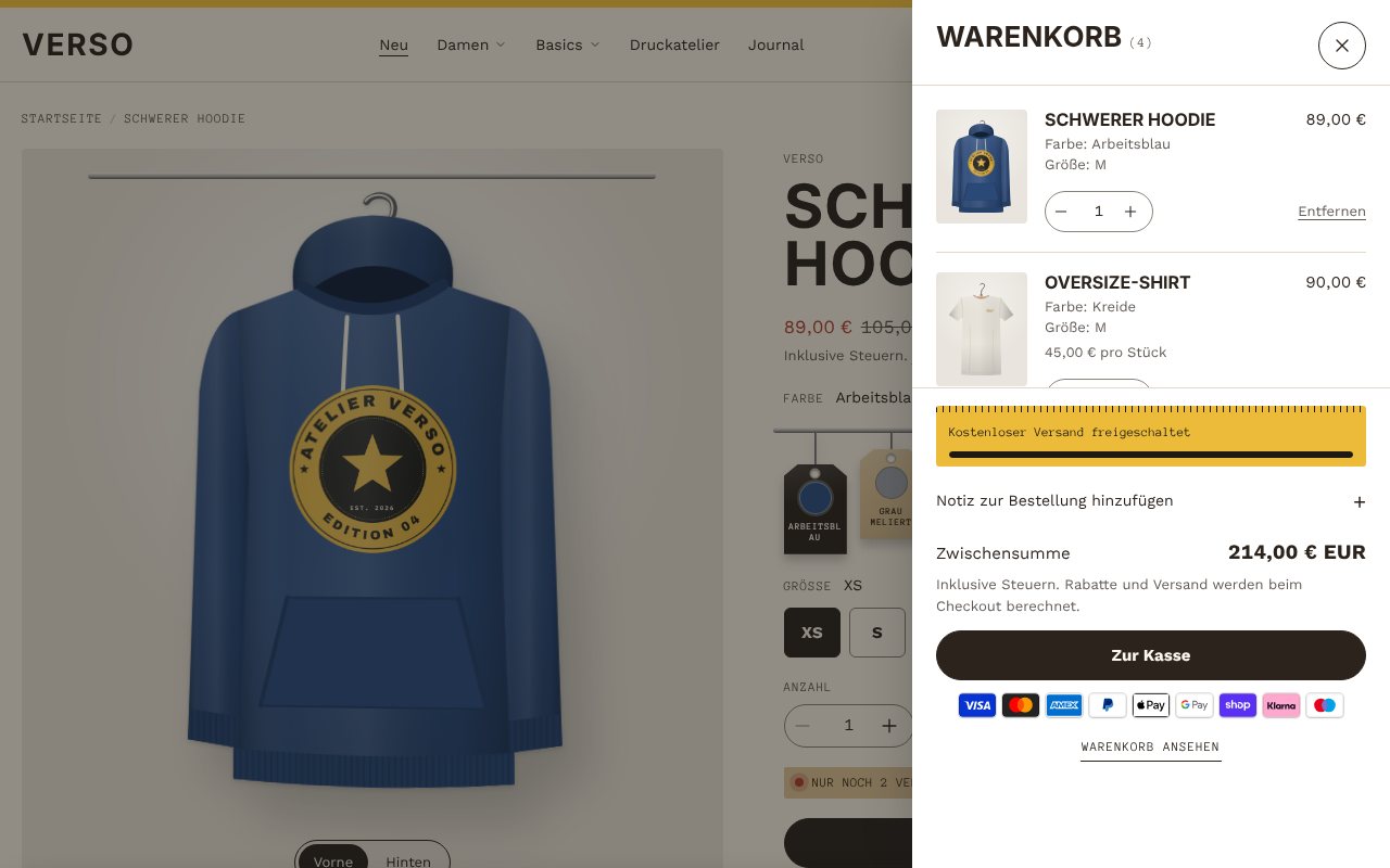 Warenkorb-Einschub mit zwei Artikeln und dem Maßband für kostenlosen Versand
