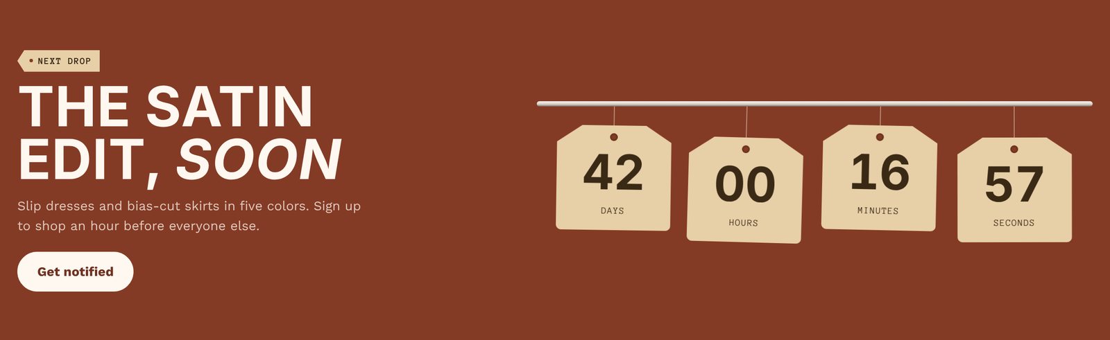 Countdown section with days, hours, minutes and seconds on four hang tags