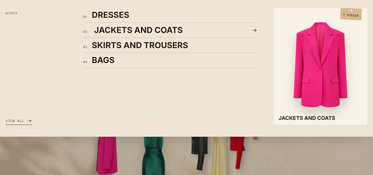 Menu panel open on Women, with the collection picture and its count on a hang tag