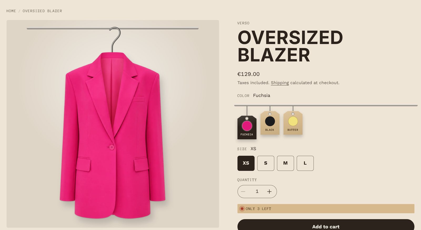 Product page with breadcrumbs, the Only 3 left label and the add to cart button