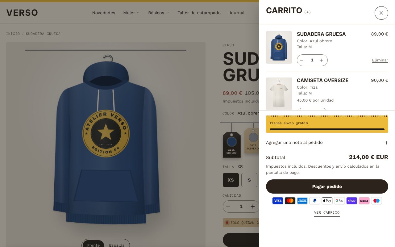 Panel del carrito con dos artículos y la cinta métrica de envío gratis