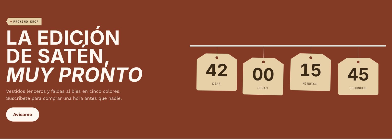 Sección de cuenta regresiva con días, horas, minutos y segundos en cuatro etiquetas