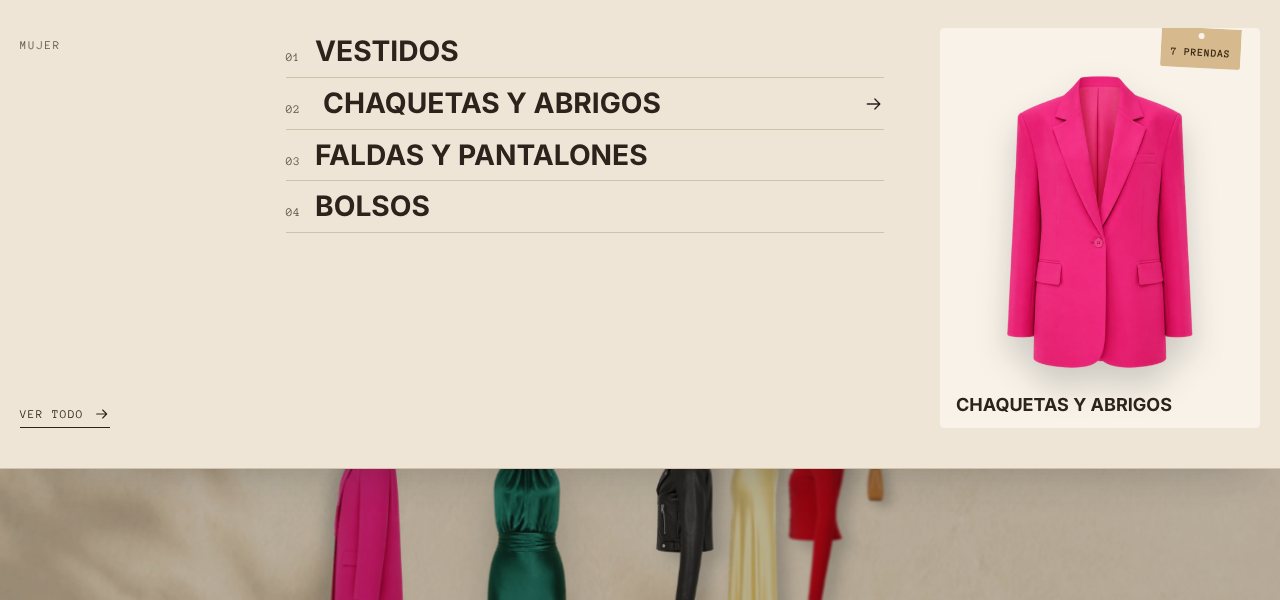 Panel del menú abierto en Mujer, con la imagen de la colección y su número de prendas en una etiqueta