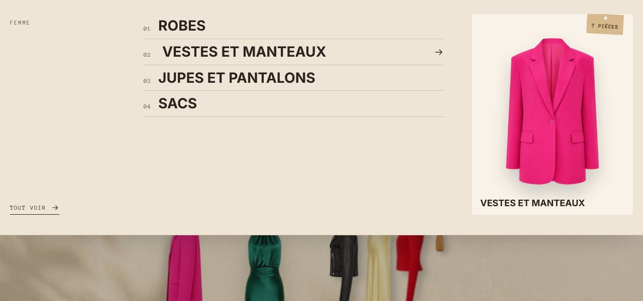 Panneau du menu ouvert sur Femme, avec l’image de la collection et son nombre de pièces sur une étiquette