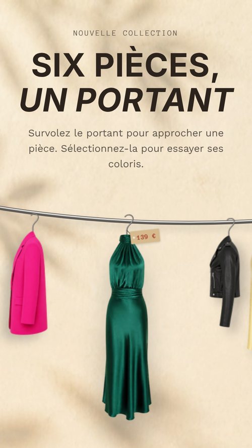 Le portant sur téléphone, la pièce du centre tournée vers le client avec son étiquette de prix